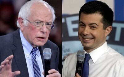 Cette combinaison d'images de fichiers créée le 9 février 2020 montre le sénateur démocrate du Vermont, le sénateur Bernie Sanders (G), le 8 février. 2020, et le candidat à la présidence des États-Unis et ancien maire de South Bend, Indiana, Pete Buttigieg, s'exprimant lors d'un événement à l'hôtel de ville à Keene, New Hampshire. - (Crédits : Joseph Prezioso et TIMOTHY A. CLARY / AFP)