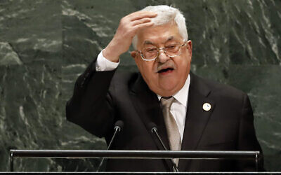 Le président de l'Autorité palestinienne Mahmoud Abbas s'adresse à la 74e session de l'Assemblée générale des Nations unies, le 26 septembre 2019. (AP Photo/Richard Drew)