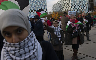Des manifestants brandissent des bannières et des drapeaux palestiniens aux abords de la Cour pénale internationale, demandant à ce que des poursuites soient lancées contre Israël pour crime de guerre, à La Haye, aux Pays-Bas, le 29 novembre 2019 (Crédit : AP Photo/Peter Dejong)