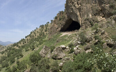 L'extérieur de la grotte de Shanidar, dans le nord de l'Irak, en 2005 (Crédit : CC BY JosephV/Wikimedia Commons) L'extérieur de la grotte de Shanidar, dans le nord de l'Irak, en 2005 (Crédit : CC BY JosephV/Wikimedia Commons)