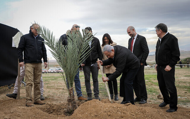 Le Premier ministre Benjamin Netanyahu plante un arbre au cours d'une cérémonie pour la fête juive de Bishvat, dans l'implantation de Mevoot Yeriho, en Cisjordanie, dans la vallée du Jourdain, le 10 février 2020 (Crédit : Flash90) Le Premier ministre Benjamin Netanyahu plante un arbre au cours d'une cérémonie pour la fête juive de Bishvat, dans l'implantation de Mevoot Yeriho, en Cisjordanie, dans la vallée du Jourdain, le 10 février 2020 (Crédit : Flash90)