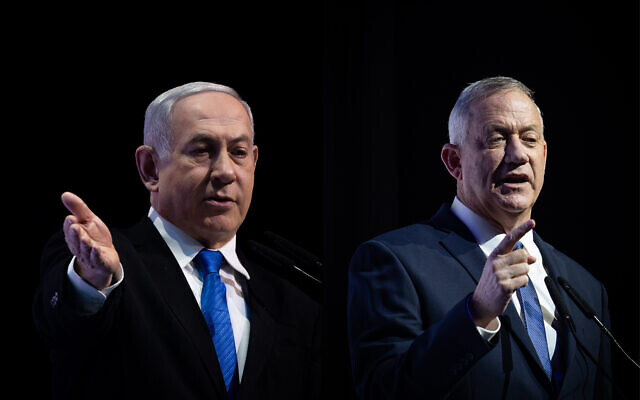 Photo composite montrant à gauche le Premier ministre Benjamin Netanyahu, aux côtés du chef de Kakhol lavan, Benny Gantz, (à droite), s'exprimant séparément lors d'une conférence de presse à Jérusalem, le 8 décembre 2019. (Crédit : Yonatan Sindel/Hadash Parush/Flash90) Photo composite montrant à gauche le Premier ministre Benjamin Netanyahu, aux côtés du chef de Kakhol lavan, Benny Gantz, (à droite), s'exprimant séparément lors d'une conférence de presse à Jérusalem, le 8 décembre 2019. (Crédit : Yonatan Sindel/Hadash Parush/Flash90)