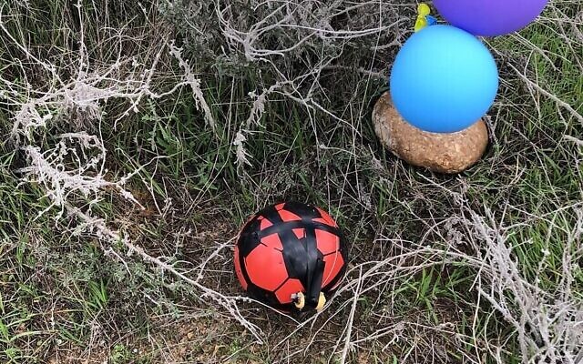 Un ballon de football bourré d'explosifs apparemment lancé depuis la bande de Gaza en utilisant des ballons à l'hélium dans un champ du conseil régional de Shaar Hanegev, le 23 janvier 2019 (Autorisation) Un ballon de football bourré d'explosifs apparemment lancé depuis la bande de Gaza en utilisant des ballons à l'hélium dans un champ du conseil régional de Shaar Hanegev, le 23 janvier 2019 (Autorisation)