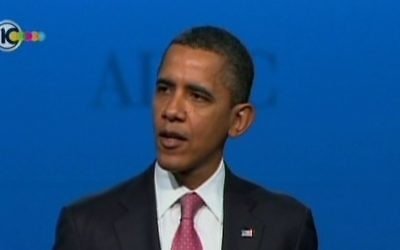 Le président américain Barack Obama prenant la parole devant l'AIPAC. Photo illustrative (Capture d'écran: Dixième chaîne israélienne)