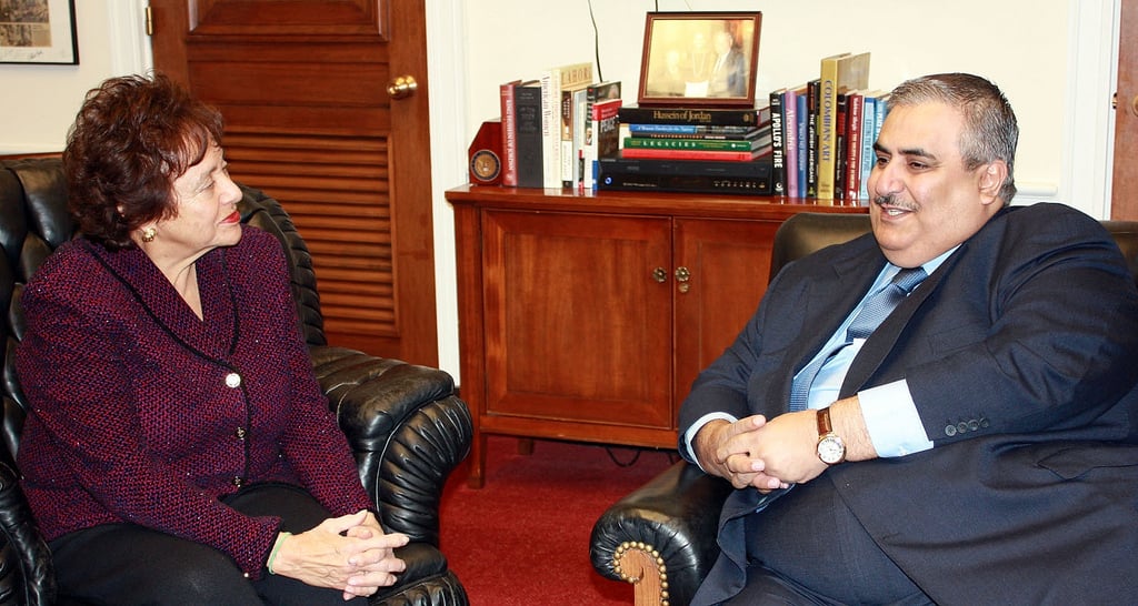 Rep. Nita Lowey, seen here meeting with Bahraini Foreign Minister Khalid bin Ahmed Al-Khalifa in Washington in February 2010, is vying for the top Democratic spot on the powerful U.S. House of Representatives Appropriations Committee. (Courtesy Bahrain Ministry of Foreign Affairs/JTA)