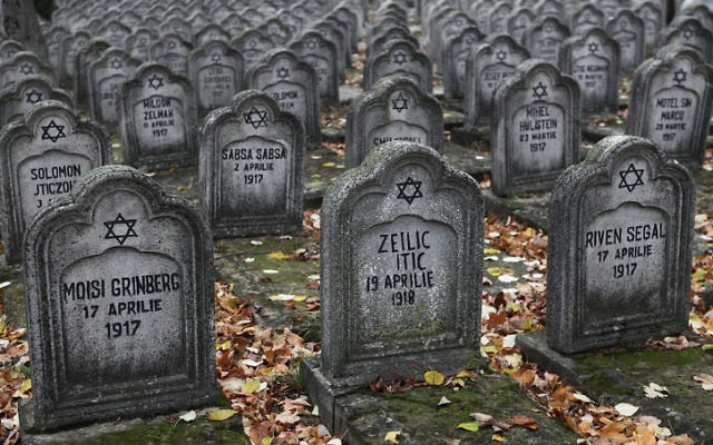 Illustration : Tombes des victimes juives du pogrom de Iasi, en Roumanie, en juillet 1941. (Crédit : Wikimedia commons)