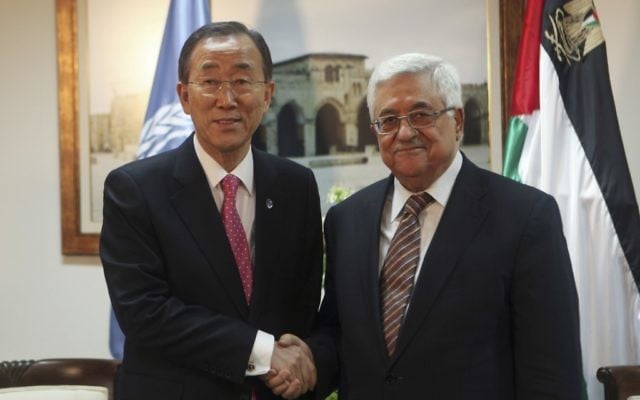 Palestinian president Mahmoud Abbas (R) meets with U.N. Secretary-General Ban Ki-moon in the West bank city of Ramallah on February 1, 2012 (photo credit: Fadi Arouri/Flash90) Palestinian president Mahmoud Abbas (R) meets with U.N. Secretary-General Ban Ki-moon in the West bank city of Ramallah on February 1, 2012 (photo credit: Fadi Arouri/Flash90)