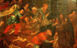 Détail d'une peinture représentant une accusation de meurtre rituel d'enfants chrétiens par des Juifs, dans l'église Saint-Paul de Sandomierz, en Pologne. (Domaine public, Wikimedia Commons)