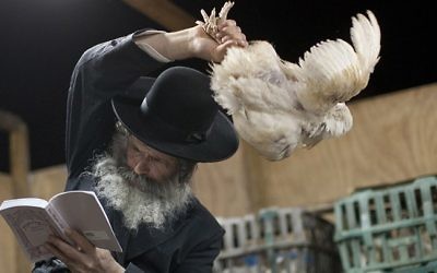 Un juif ultra-orthodoxe participant au rituel de  kapparot , pendant lequel un poulet est secoué au dessus de la tête, l'individu transférant par ce geste ses péchés au volatile. Illustration. (Crédit : Dima Vazinovich/Flash90)