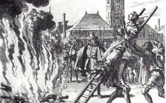 Exécution d'Anne Hendricks à Amsterdam, 1571. Gravure du XVIe siècle. (Crédit : Jan Luyken, domaine public)