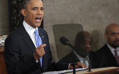 Barack Obama lors de son discours sur l'état de l'Union, le 28 janvier 2014 au Capitole, à Washington 
(Crédit : AFP/Saul Loeb)