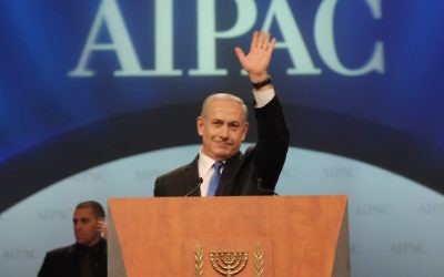 Le Premier ministre israélien Benjamin Netanyahu à la conférence de l'AIPAC (Crédit : Amos Ben Gershom/GPO/FLASH90)