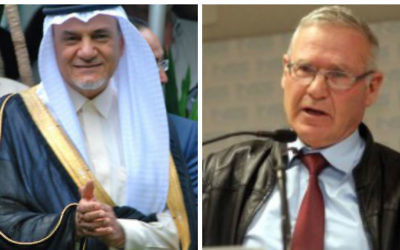 Le prince saoudien Turki bin Faisal Al Saud (gauche) et Amos Yadlin (Crédit : Peter A. Iseman/Wikipedia, Gideon Markowicz/Flash90)