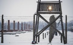 Les élèves ont planché autour du thème de "la négation de l’Homme dans l’univers concentrationnaire nazi". Ici, un mirador le long d'une clôture de barbelés sur le site du mémorial de l'ancien camp de concentration d'Auschwitz-Birkenau, à la veille du 70e anniversaire de la libération du camp d'extermination nazi à Oswiecim, le 26 janvier 2015. (Crédit : Odd Andersen/AFP)