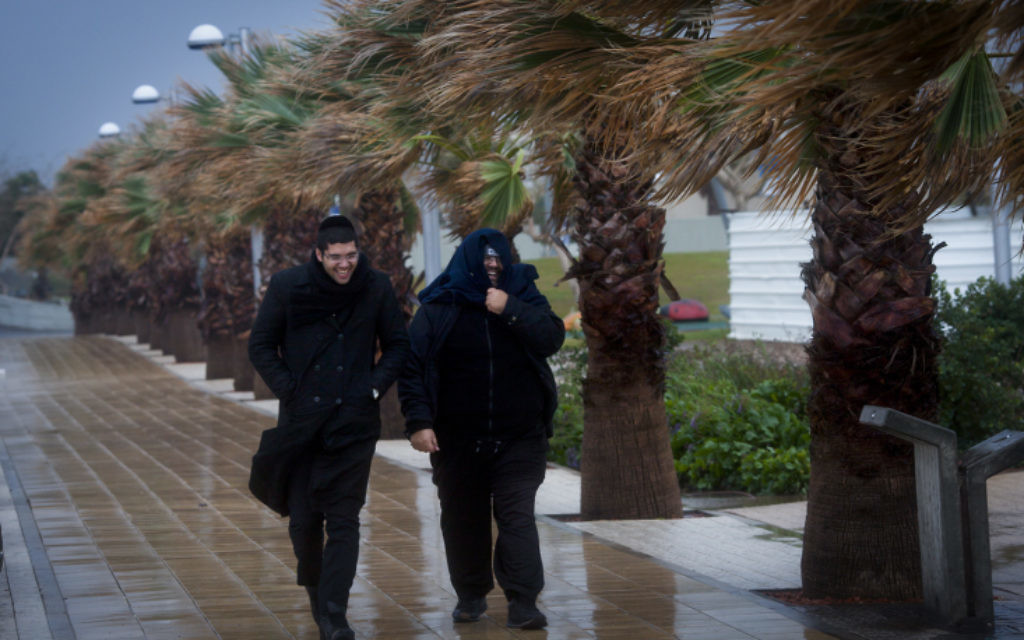 Des Juifs ultra-orthodoxes au port de Tel Aviv - 7 janvier 2015 (Crédit : Amir Lévy/Flash 90)