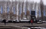 Les bannières blanches et bleues flottant au mémorial d'Auschwitz-Birkenau le 28 janvier 2015 (Crédit : Amanda Borschel-Dan/The Times of Israel)