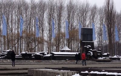 Les bannières blanches et bleues flottant au mémorial d'Auschwitz-Birkenau le 28 janvier 2015 (Crédit : Amanda Borschel-Dan/The Times of Israel)
