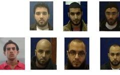 Les 7 citoyens israéliens soupçonnés d'appartenance à une cellule de l'Etat islamique. En haut à droite: Adnan Ala a-Din, alah Abu Salah, Fadi Bashir, Khaled abu Salah, Muhammad Abu Salah, Husam Marisat, et Karim Abou Salah (Crédit : Shin Bet)