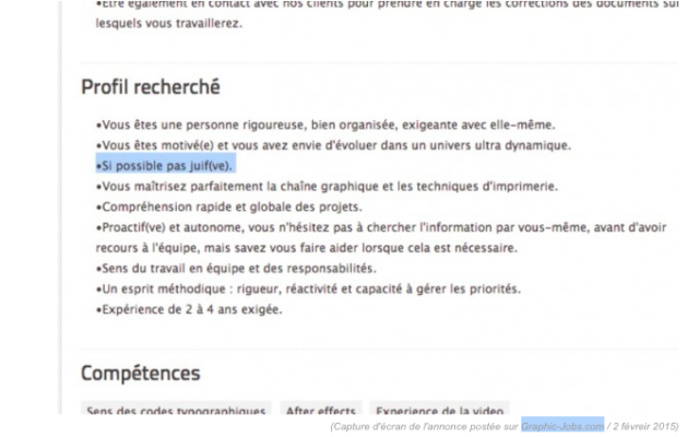 L'offre d'emploi diffusée sur Graphic-Jobs.com (Crédit : capture d'écran les Inrocks - 4 février 2015) L'offre d'emploi diffusée sur Graphic-Jobs.com (Crédit : capture d'écran les Inrocks - 4 février 2015)