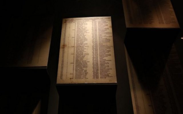 Copie de la Liste de Schindler exposée au musée de Yad Vashem - 4 mars 2015 (Crédit : AFP / GALI TIBBON) Copie de la Liste de Schindler exposée au musée de Yad Vashem - 4 mars 2015 (Crédit : AFP / GALI TIBBON)