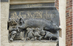 Cette gravure qui figure sur la façade de l'église St. Marien à Wittenberg, en Allemagne, représente des Juifs tétant une truie. (Crédit : Toni L. Kamins)