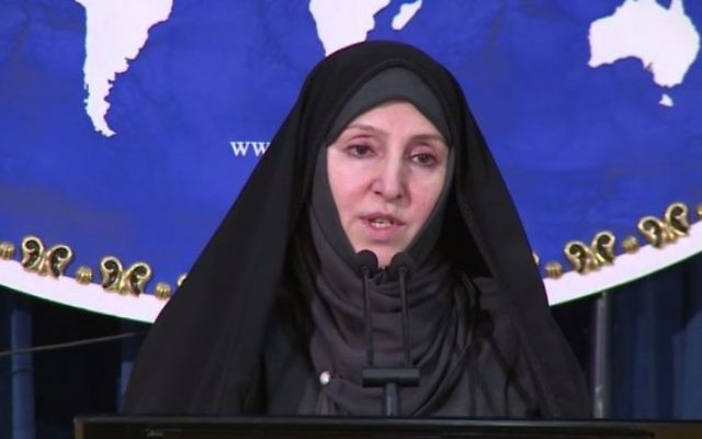 Marzieh Afkham en conférence de presse en 2013 (Crédit : Capture d'écran YouTube) Marzieh Afkham en conférence de presse en 2013 (Crédit : Capture d'écran YouTube)