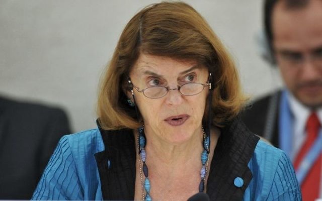 La présidente de la Commission d'enquête sur le conflit à Gaza de 2014 , Mary McGowan Davis  (Crédit : AFP PHOTO / FABRICE COFFRINI)