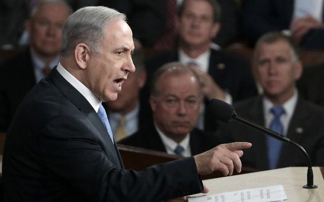 Le Premier ministre Benjamin Netanyahu devant le Congrès des États-Unis à Washington, D.C., le 3 mars 2015. (Crédit : Win McNamee/Getty Imagess/AFP) Le Premier ministre Benjamin Netanyahu devant le Congrès des États-Unis à Washington, D.C., le 3 mars 2015. (Crédit : Win McNamee/Getty Imagess/AFP)