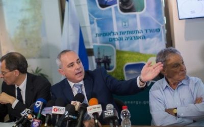 Le ministre israélien de l'Energie Yuval Steinitz (au centre) à Jérusalem le 30 juin 2015 (Crédit photo: Yonatan Sindel / Flash90)