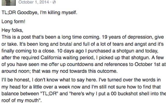 Une note de suicide publiée sur Facebook. L'auteur se serait suicidé en octobre 2014 (Crédit : Facebook)
