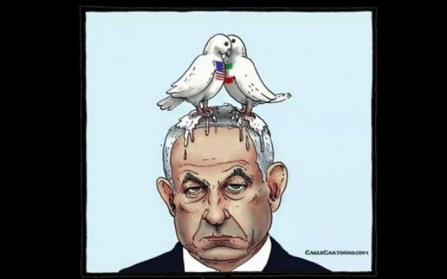 Une bande dessinée de deux colombes portant les drapeaux américain et iranien déféquant sur la tête du Premier ministre Benjamin Netanyahu. le 27 août 2015 (Crédit : autorisation) Une bande dessinée de deux colombes portant les drapeaux américain et iranien déféquant sur la tête du Premier ministre Benjamin Netanyahu. le 27 août 2015 (Crédit : autorisation)