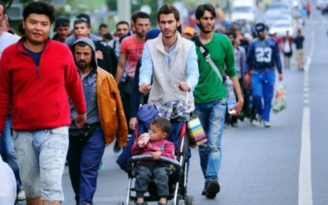 Un groupe de migrants sur la route principale près de Budaors, Hongrie - 5 Septembre 2015 pour rejoindre la frontière austro-hongroise. (Crédit : AFP / ATTILA KISBENEDEK) Un groupe de migrants sur la route principale près de Budaors, Hongrie - 5 Septembre 2015 pour rejoindre la frontière austro-hongroise. (Crédit : AFP / ATTILA KISBENEDEK)