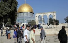 Un groupe de Juifs israéliens, accompagnés par Yehuda Glick, dans la cour du mont du Temple à proximité de la mosquée Al Aqsa, le 19 novembre, 2013. (Crédit : Sliman Khader / FLASH90)