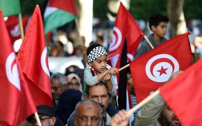 Rassemblement de soutien aux Palestiniens à l'appel d'Ennahda, le 7 novembre 2015 (Crédit : AFP/Fethi Belaid)