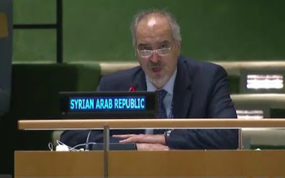 L’ambassadeur syrien à l'ONU, Bachar Jaafari. (Crédit : UN Watch)