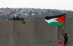 Un manifestant palestinien tient un drapeau, près de la clôture de sécurité à Bilin, en septembre 2011 (Crédit : Issam Rimawi/Flash90)