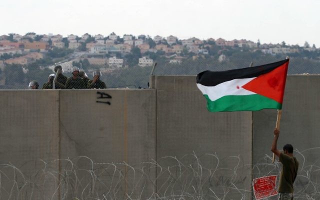 Un manifestant palestinien tient un drapeau, près de la clôture de sécurité à Bilin, en septembre 2011 (Crédit : Issam Rimawi/Flash90) Un manifestant palestinien tient un drapeau, près de la clôture de sécurité à Bilin, en septembre 2011 (Crédit : Issam Rimawi/Flash90)