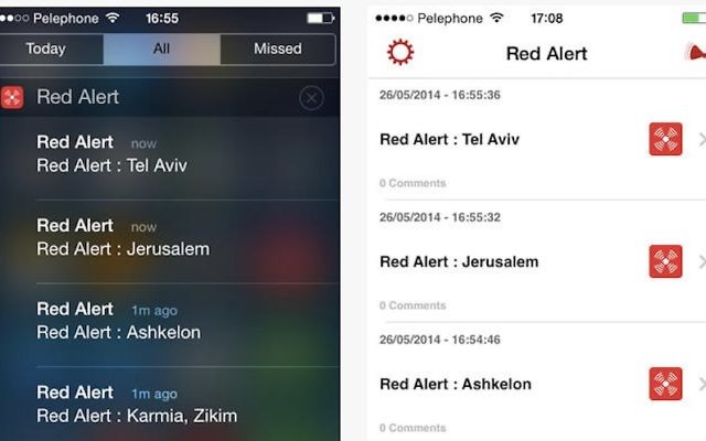 Capture d'écran de Red Alert, l'application israélienne qui avertit les résidents d'attaques imminentes de missile. (Courtoisie) Capture d'écran de Red Alert, l'application israélienne qui avertit les résidents d'attaques imminentes de missile. (Courtoisie)
