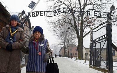 Une ancienne prisonnière du camp de concentration assistant à une cérémonie au mémorial de l'ancien camp de concentration nazi d'Auschwitz-Birkenau le 27 janvier 2014. (Crédit : Janek Skarzynski/AFP)