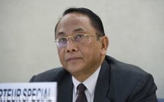 Makarim Wibisono s'adressant au conseil des droits de l'Homme de l'ONU le 23 juillet 2014 (Crédit : ONU / Violaine Martin)