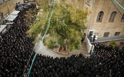Des milliers de Juifs ultra-orthodoxes ont assisté à la cérémonie des funérailles du rabbin Rafael Shmulovich de la Yeshiva Mir dans le quartier de Beit Israël de Jérusalem, le 19 janvier 2016 (Crédit : Flash90)