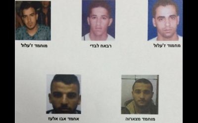 Les cinq hommes de la cellule terroriste du Hezbollah arrêtés par le Shin Bet et l'armée israélienne, ce qui a été annoncé le 20 janvier 2016. (Crédit : Shin Bet)