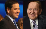 Le sénateur de Floride Marcio Rubio (à gauche) a gagné le soutien du plus grand journal du Nevada, détenu par Sheldon Adelson (à droite). (Crédit : Justin Sullivan et Ethan Miller/Getty Images, via JTA)