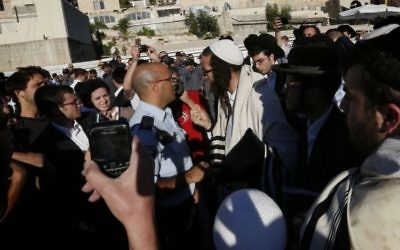 Des hommes juifs orthodoxes utilisent des sifflets pour tenter de perturber le service de prières mensuel des Femmes du mur, au mur Occidental, le 7 août 2013. (Crédit : Miriam Alster/Flash90)
