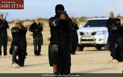 Les terroristes de Province du Sinaï, groupe affilié de l'Etat islamique, le 6 février 2016. (Crédit : Telegram.me/HaiAlaElJehad5 via MEMRI)