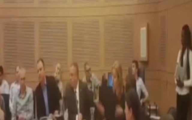 Les députés de l'Union sioniste Erel Margalit (3ème à gauche) et Tzipi Livni (5ème à gauche) se disputent pendant une réunion à la Knesset, le 7 mars 2016. (Crédit : capture d'écran Deuxième chaîne) Les députés de l'Union sioniste Erel Margalit (3ème à gauche) et Tzipi Livni (5ème à gauche) se disputent pendant une réunion à la Knesset, le 7 mars 2016. (Crédit : capture d'écran Deuxième chaîne)