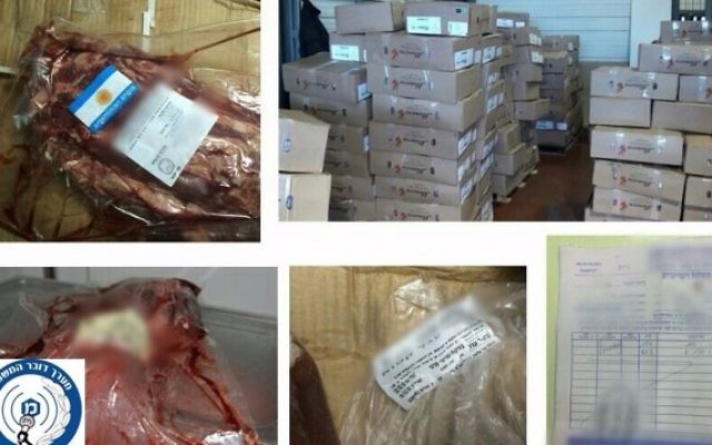 La viande saisie par la police à un réseau israélo-palestinien de contrebande de viande en avril 2016. (Crédit : police israélienne) La viande saisie par la police à un réseau israélo-palestinien de contrebande de viande en avril 2016. (Crédit : police israélienne)