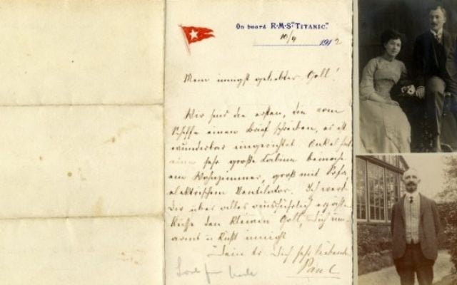A gauche : La lettre envoyée par Paul Danby, juif allemand, depuis le Titanic. En haut à droite : Danby et son épouse Rose, qui ont tous deux péris dans l'Holocauste. En bas à droite : Adolphe Saalfeld, l'oncle de Danby, qui a survécu au naufrage du luxueux paquebot. Les trois objets ont été mis aux enchères en avril 2016, 104 ans après le naufrage du navire dans l'Atlantique nord. (Crédit : autorisation de la maison de vente aux enchères Henry Aldridge and Son) A gauche : La lettre envoyée par Paul Danby, juif allemand, depuis le Titanic. En haut à droite : Danby et son épouse Rose, qui ont tous deux péris dans l'Holocauste. En bas à droite : Adolphe Saalfeld, l'oncle de Danby, qui a survécu au naufrage du luxueux paquebot. Les trois objets ont été mis aux enchères en avril 2016, 104 ans après le naufrage du navire dans l'Atlantique nord. (Crédit : autorisation de la maison de vente aux enchères Henry Aldridge and Son)