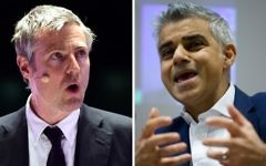 Montage photo créé le 30 avril 2016 montrant le candidat à la mairie de Londres du parti Conservateur britannique, Zac Goldsmith (à gauche), prenant la parole le 28 avril 2016 et son adversaire de l'opposition, du parti Travailliste britannique, Sadiq Khan (à droite), donnant un discours le 28 janvier 2016. (Crédit photo : AFP / Justin Tallis et Leon Neal)
