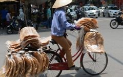 Un vendeur de rue sur son vélo dans le centre de Hanoï, au Vietnam, le 17 mai 2016. Illustration. (Crédit : AFP PHOTO/HOANG DINH NAM)